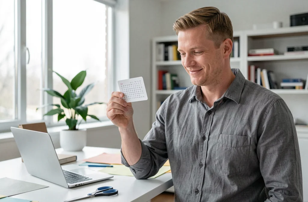 Homme tenant une carte à gratter personnalisée faite maison, inspectant le résultat dans un bureau créatif moderne