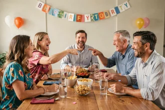Groupe d'adultes joyeux jouant à un jeu d'anniversaire sans matériel autour d'une table décorée