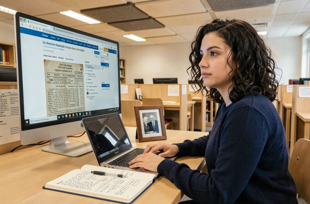 Jeune femme effectuant des recherches généalogiques en ligne sur un site d'archives régionales françaises dans une salle de lecture moderne