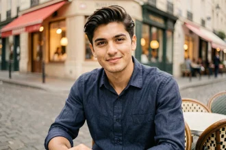 Portrait d'un jeune homme souriant en terrasse de café parisien, ambiance décontractée et authentique