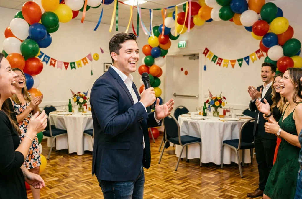 Animateur Joris B. tenant un microphone et faisant rire les invités lors d'une fête d'anniversaire en salle décorée avec des ballons et des streamers colorés