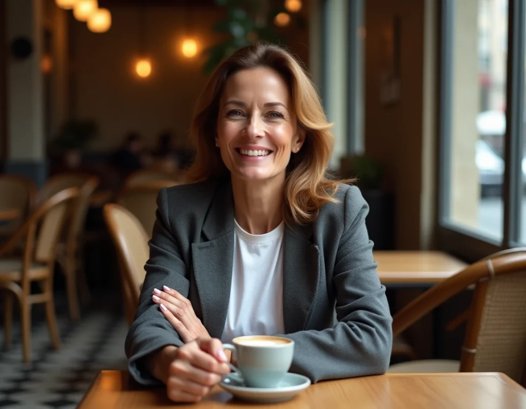 Juliette Plumecocq-Mech en discussion dans un café parisien avec ses proches et collaborateurs