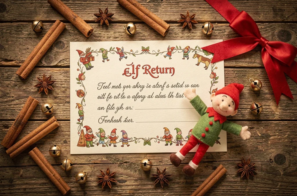 Vue de dessus d'une lettre de lutin imprimée entourée d'épices et d'une figurine de lutin farceur sur table en bois rustique