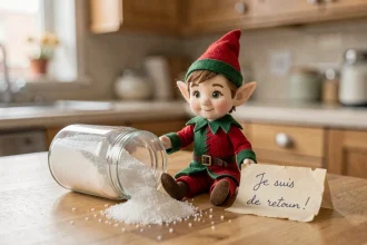 Lutin farceur posé sur un comptoir de cuisine avec une note manuscrite et du sucre renversé pour le retour après Noël