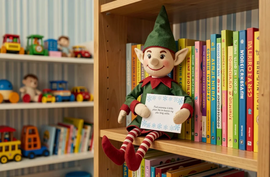 Lutin peluche assis sur une étagère de chambre enfant tenant une lettre imprimée décorée de flocons de neige