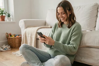 Maman solo souriante utilisant l'application Mama-bears sur son smartphone dans son salon cosy