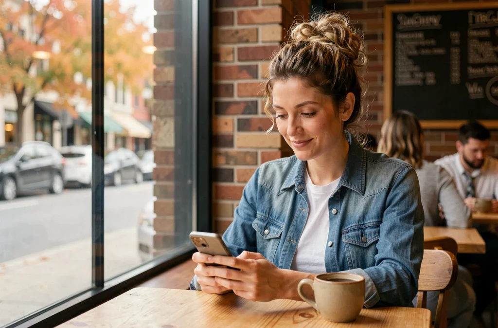Maman solo consultant l'application Mama-bears dans un café parisien avec son téléphone