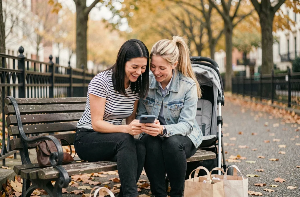 Deux mamans solos partageant l'application Mama-bears sur un banc de parc en automne