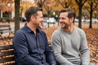 Couple de deux hommes assis ensemble dans un parc en automne, souriant chaleureusement, illustrant une relation complice et épanouie