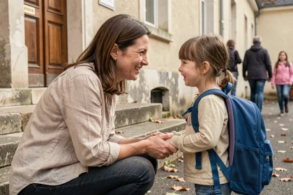 Mère accompagnant sa fille à l'entrée de l'école primaire lors de la rentrée scolaire
