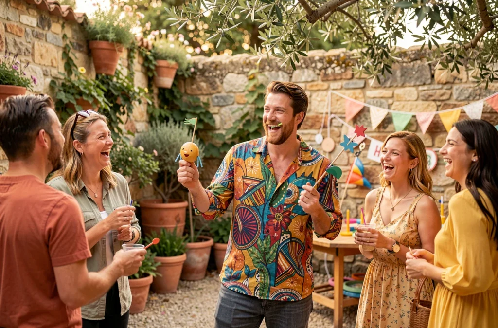 Animateur Mig-Nigma en tenue colorée et originale tenant des accessoires créatifs, animant un groupe d'invités enthousiastes lors d'une fête d'anniversaire dans un jardin provençal