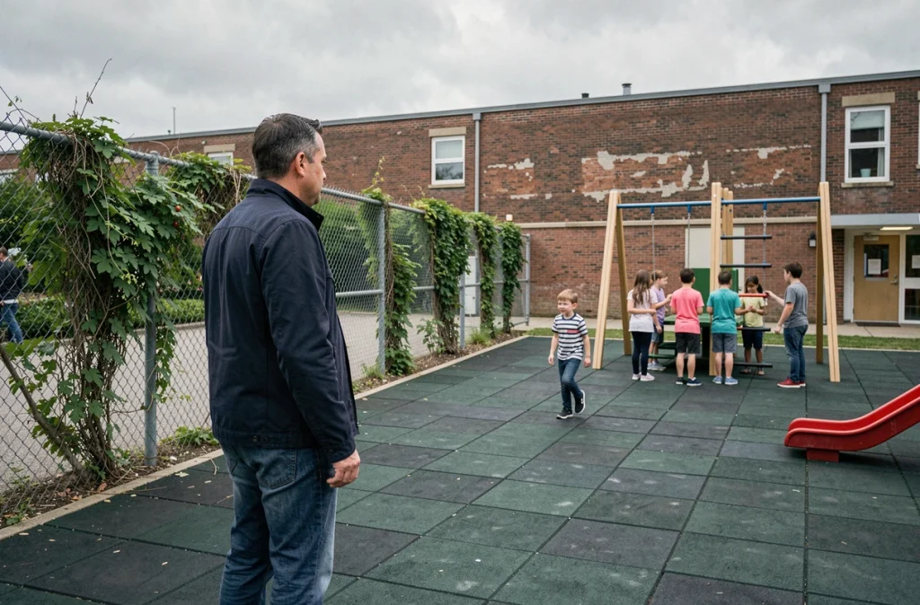 Père observant son fils rejoindre ses camarades dans la cour de récréation lors des premiers jours d'école