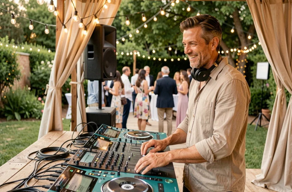DJ professionnel animant une fête d'anniversaire en extérieur près de Vitrolles, derrière une console moderne avec des lumières de scène et des invités en arrière-plan