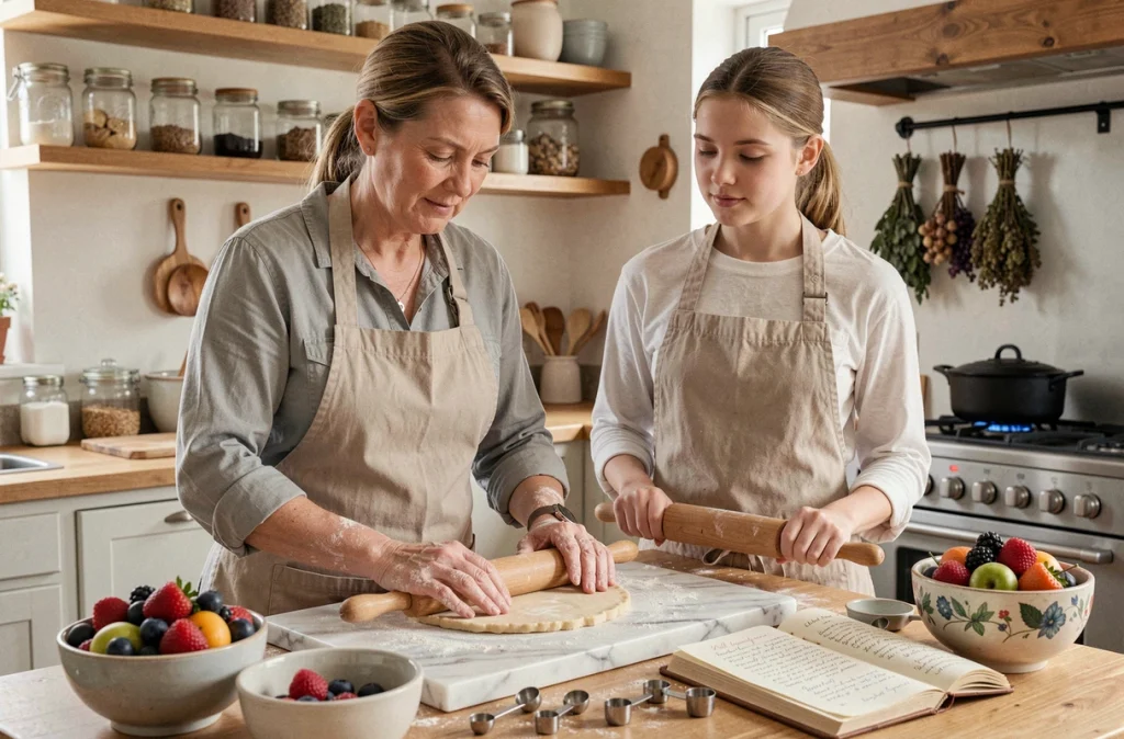 Mère et fille préparant ensemble une tarte aux fruits sur un plan de travail en marbre dans une cuisine familiale traditionnelle