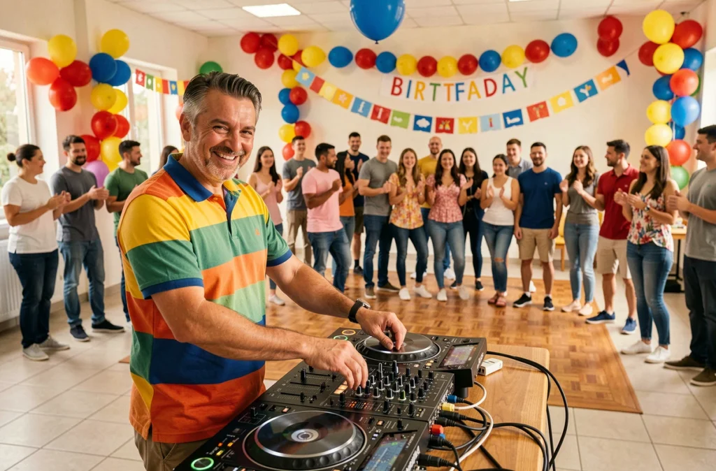 DJ Didou de Prom'Art en polo coloré souriant derrière sa console lors d'une fête d'anniversaire familiale animée dans une salle décorée de ballons multicolores et de guirlandes