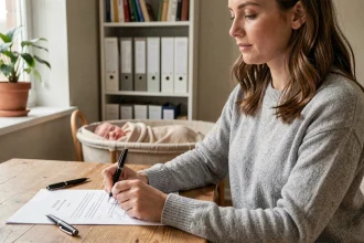 Femme rédigeant un courrier de congé parental à son bureau à domicile avec un nourrisson en arrière-plan