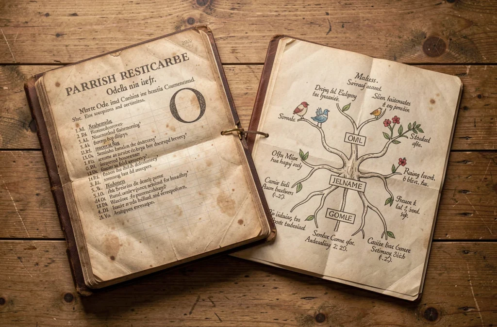 Registre ancien et arbre généalogique posés sur une table en bois