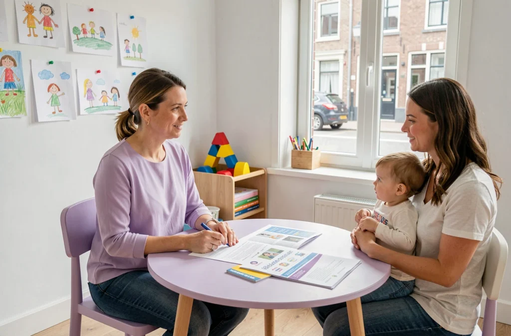Une conseillère du Relais Petite Enfance de Bruges guide une mère et son enfant lors d'une consultation dans les locaux du relais