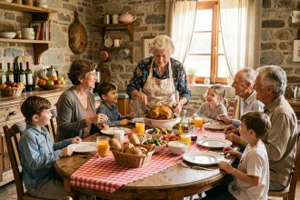 Grand-mère servant un poulet rôti à toute la famille réunie autour d'une table en bois pour le repas du dimanche dans une cuisine rustique en pierre