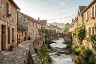 Rue d'un village français ancien avec un pont de pierre