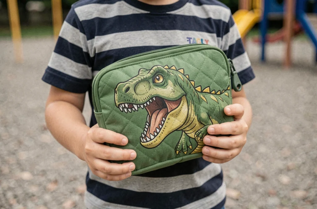 Enfant tenant un sac à goûter isotherme dinosaure vert dans une cour de récréation en plein air