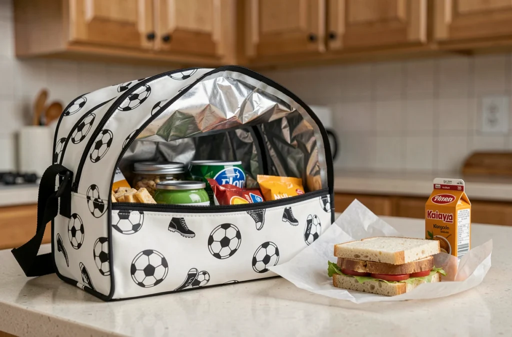 Sac à goûter isotherme football ouvert sur un comptoir de cuisine avec un sandwich et une brique de jus