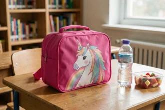 Sac à goûter isotherme licorne rose avec imprimé arc-en-ciel et corne dorée posé sur un bureau d'école en bois