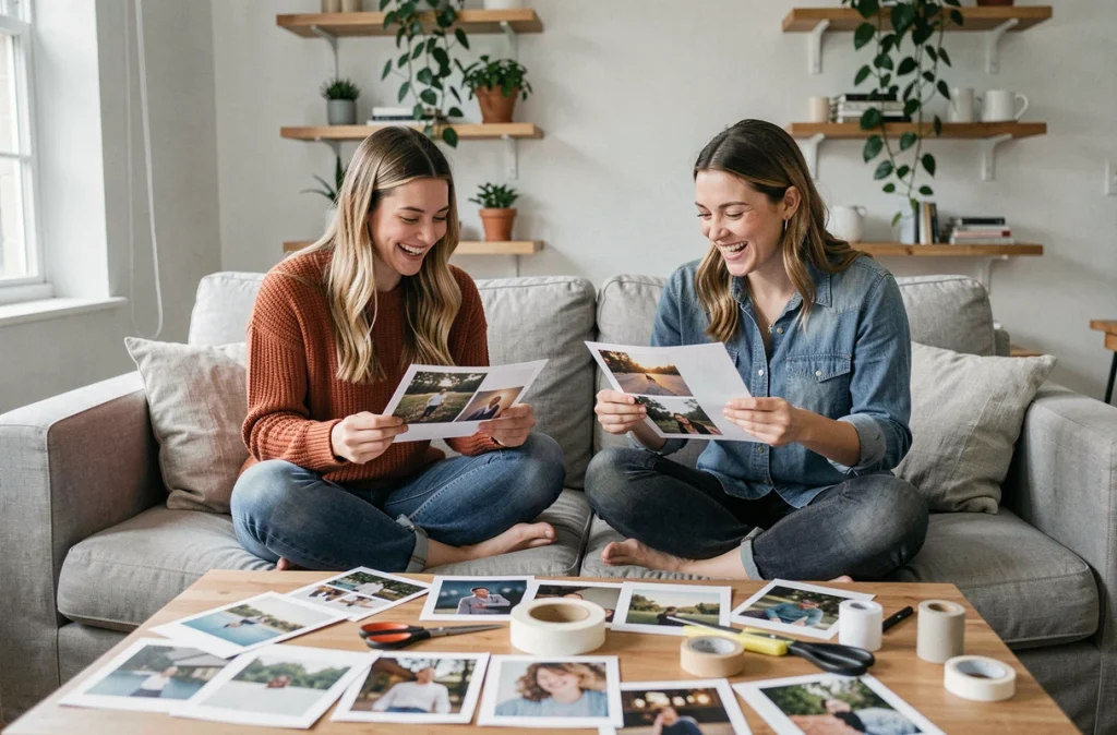 Deux sœurs adultes créant ensemble un album photo souvenir dans un appartement moderne