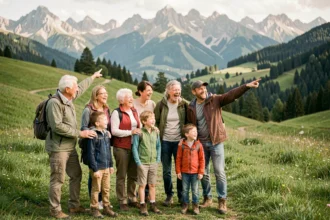 Famille en promenade dans un paysage verdoyant de l'Isère, avec montagnes en arrière-plan