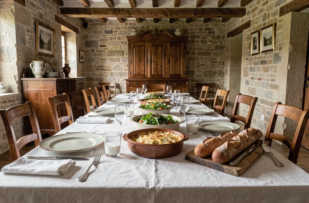 Table familiale dressée pour le repas du dimanche avec vaisselle en céramique vintage et plats traditionnels français dans une salle à manger en pierre