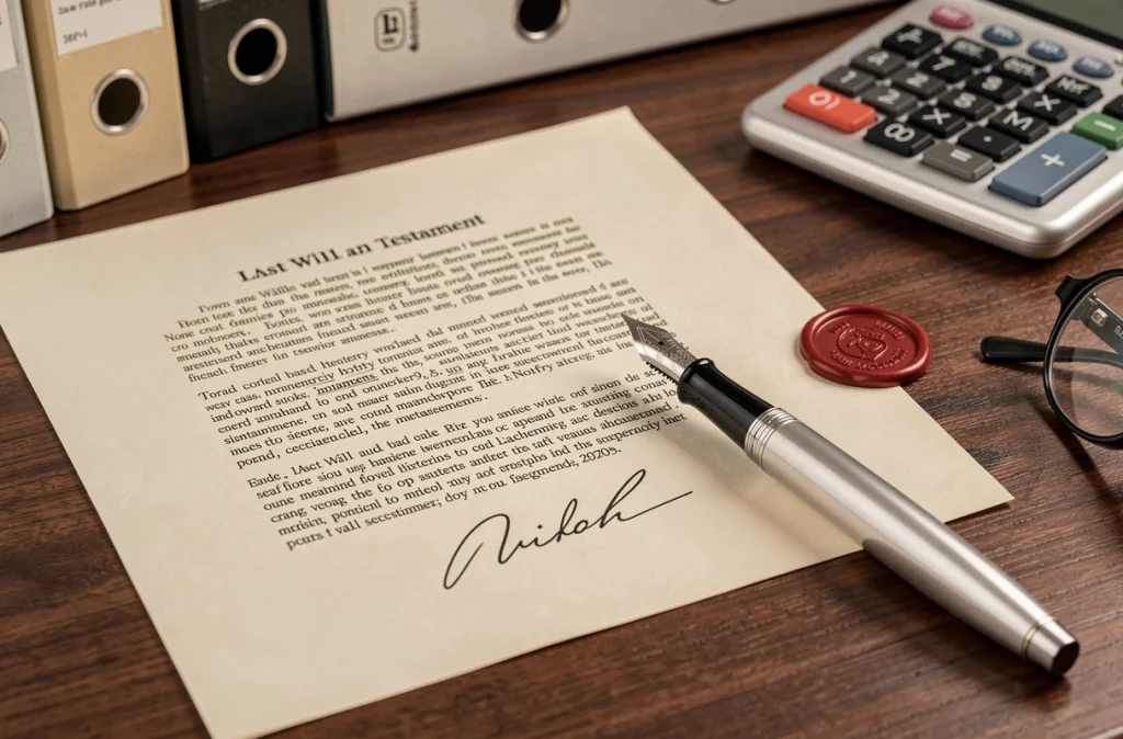 Gros plan sur un testament signé et un stylo plume sur le bureau d'un notaire