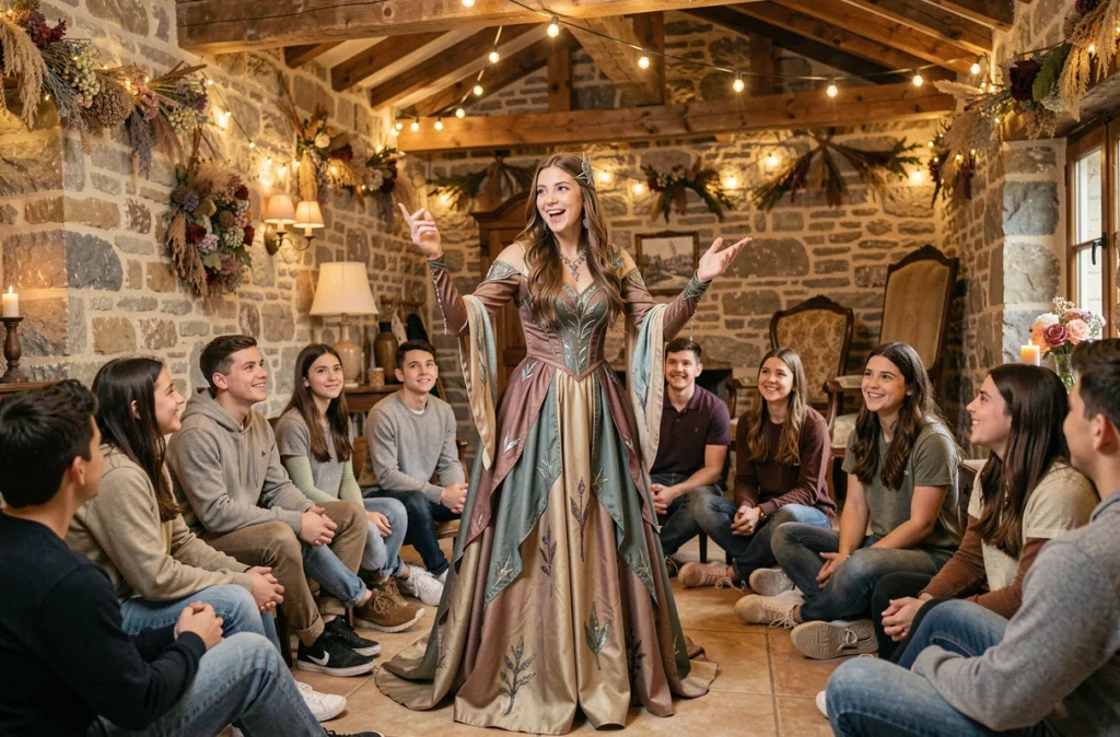 Animatrice Vaelys en robe artistique réalisant une animation interactive pour un groupe de jeunes invités dans un mas provençal décoré de guirlandes lumineuses et de fleurs séchées