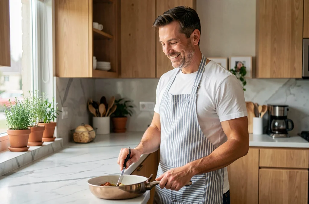 Homme préparant un repas dans une cuisine familiale moderne, illustrant la vie quotidienne et l'harmonie d'un foyer construit ensemble