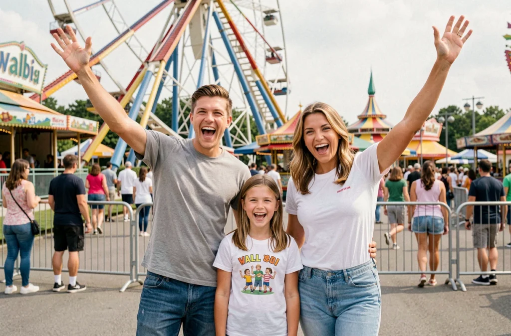 Famille enthousiaste devant les attractions de Walibi Rhône-Alpes